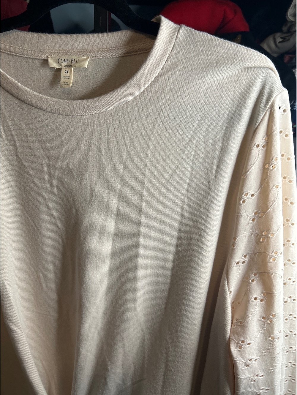 Como Blu Women's 2X Cream Long Sleeve Top with Eyelet Sleeves